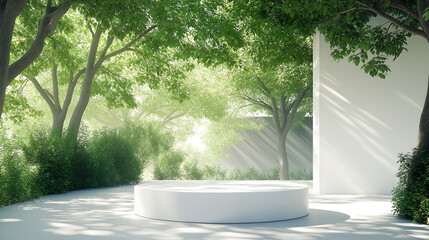 Fototapeta premium White podium display in garden with trees for product presentation mockups