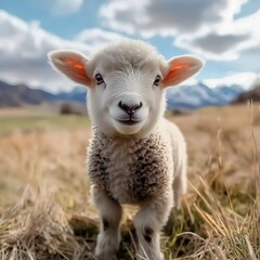 Innocent lamb looking at camera with soft wool texture