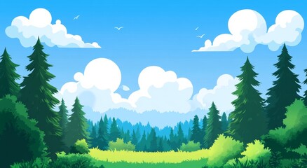 Fototapeta premium Colorful cartoon forest landscape with green trees, blue sky, and white clouds
