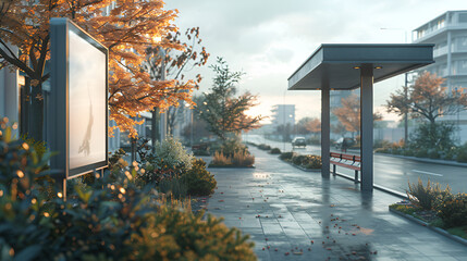 Blank advertising display mockup at a bus shelter on a wet, overcast autumn day, with reflections on the damp sidewalk and a distant city skyline, suitable for various ad campaign templates.
