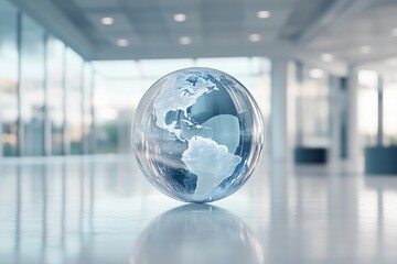 Transparent earth hologram showcasing global connectivity in a futuristic office setting