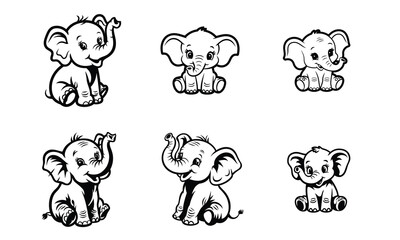 Obraz premium Six Adorable Baby Elephant Illustrations Black and White