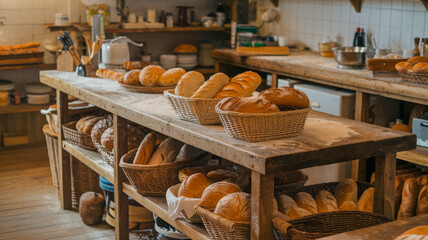 Bakery display with assorted breads in woven baskets on rustic wooden shelves and counter, creating a warm, inviting atmosphere.