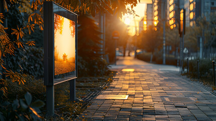 Atmospheric mockup of a blank vertical advertising billboard on a city sidewalk during a vibrant sunset, featuring lens flare, bokeh background, and warm autumn tones for ad placement template.

