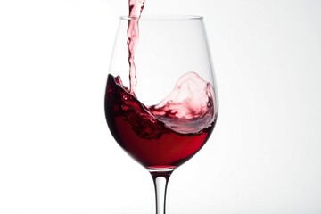 Rich red wine poured, swirling in glass against pure white , background, liquid