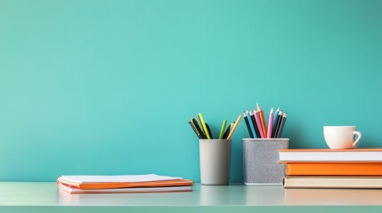 Workspace with stationery and coffee cup.  Simple, modern, and organized study area with notebooks, pens, pencils, and a cup of coffee on a light colored desk in front of a teal wall.
