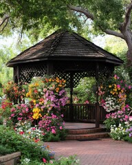 Ornate gazebo surrounded by vibrant floral displays.
