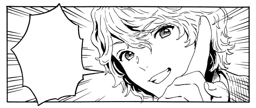 コマ割り漫画風・人差し指を立ててキメ顔の男性のイラスト