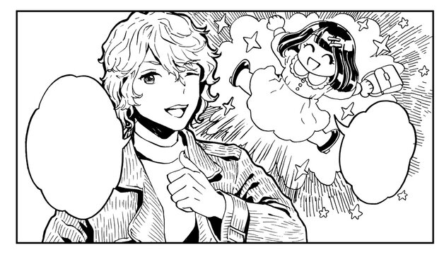 コマ割り漫画風・ギャグ風に喜ぶ女性とグーサインで決めポーズの男性のイラスト