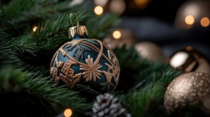 Festive Christmas ornament.  Dark teal sphere, adorned with gold patterned designs, rests among pine branches. Warm holiday lights gently illuminate the scene