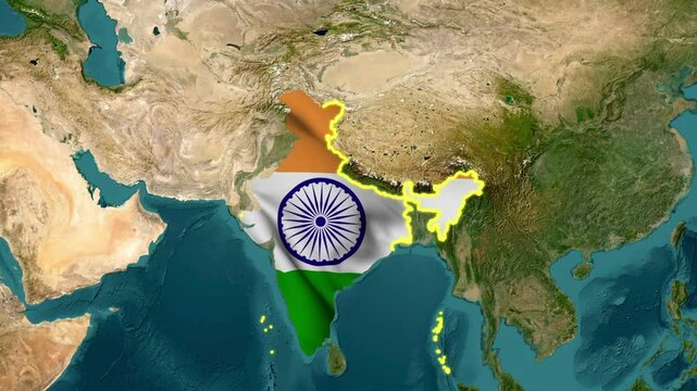 Indian Territory Map Highlighted with Flag and Satellite Background animation video, 3D Rendered India Map with Tricolor and Ashoka Chakra animation video
