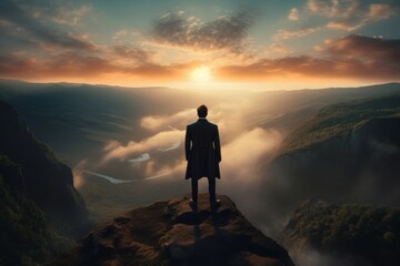 Man gazing into valley beneath sunrise