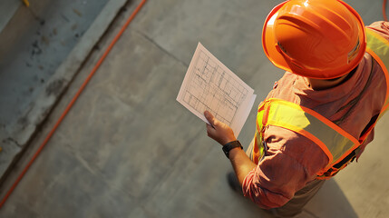 Construction Worker Reviewing Blueprint