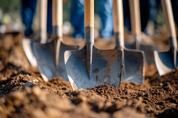 Shovels lined up for groundbreaking ceremony, highlighting textures and anticipation at the site