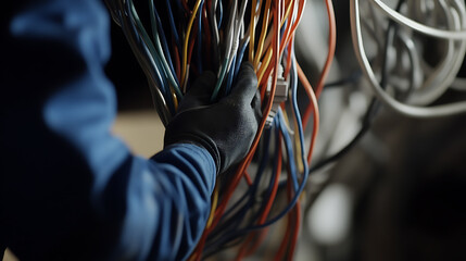 Electrician Handling a Bundle of Multicolored Wires