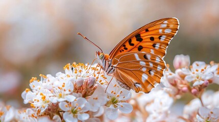 Obraz premium Butterfly on blooming spring flowers, nature background, garden scene, spring wallpaper