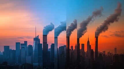 Fototapeta premium New York City skyline at sunrise/sunset, contrasted with industrial pollution.