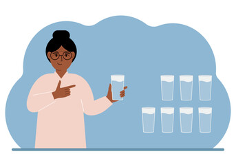 The woman is holding a glass of water. Water balance infographic. 8 glasses of water every day. Healthy lifestyle.