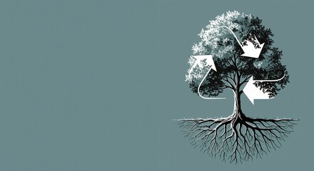 Stylized tree illustrating carbon footprint reduction with arrows indicating sustainable practices and environmental awareness