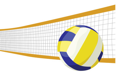 Beach volleyball net and ball. Net and ball for playing on the beach or shore. Sports equipment. Vector banner image on transparent background in flat style.