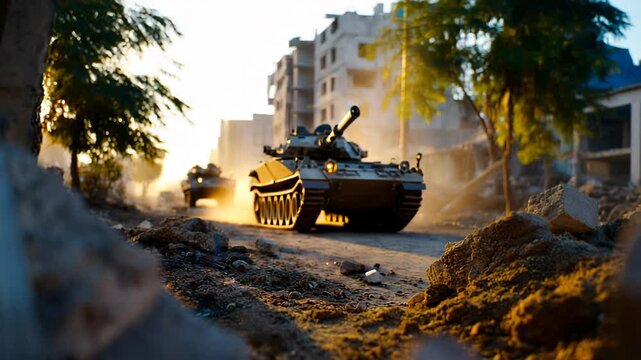Military Tank in Urban Combat Sunset Destruction of War Torn Landscape and Vehicles