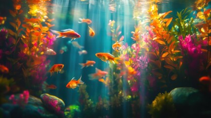 Vibrant aquarium filled with colorful goldfish and aquatic plants, illuminated by underwater sunlight.