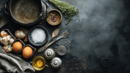 Overhead shot of rustic cooking ingredients: eggs, garlic, salt, herbs, and vintage cookware on a dark background.