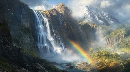 Fototapeta premium Beautiful mountain landscape features cascading waterfall and vibrant rainbow