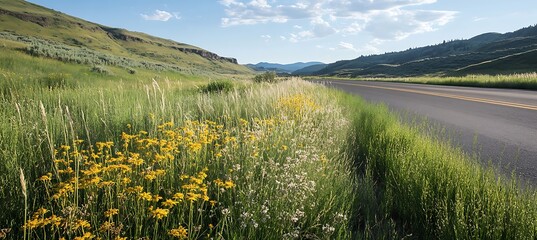 Fototapeta premium Ecological Restoration of Native Grasslands Along Roadside Environments to Enhance Biodiversity, Habitat Connectivity, and Ecosystem Resilience