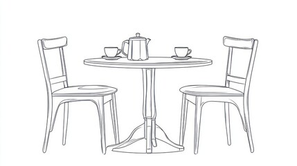 Outline drawing of a small table and two chairs