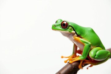 Obraz premium Green tree frog perched on white, vibrant detail, isolated, eyes, legs
