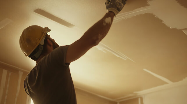 Construction Worker Applying Plaster to Ceiling