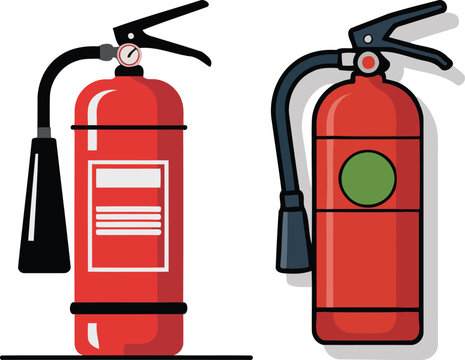 Red flat vector illustration Fire Extinguisher Icons with Hoses and Nozzles