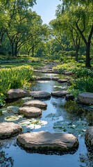 Serene park stream, stepping stones, lush greenery