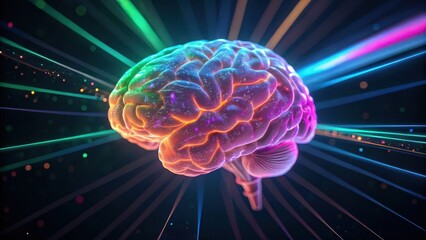 Computational Neuroscience Brain Modeling Vibrant, stylized brain surrounded by colorful rays and particles, symbolizing creativity and intelligence.