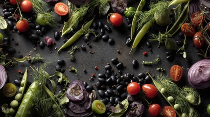 A vibrant mix of fresh vegetables and legumes, including black beans, tomatoes, and herbs, arranged on a dark background.