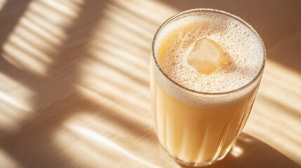 Creamy, golden smoothie in a glass with ice, bathed in sunlight on a light wooden surface.