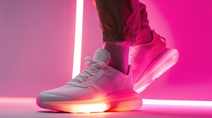 Stylish, futuristic sneakers illuminated by vibrant pink lights.