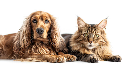 Adorable portrait of a fluffy brown spaniel dog and a longhair tabby cat lying closely together as best friends, symbolizing harmony and interspecies companionship, isolated on white background.
