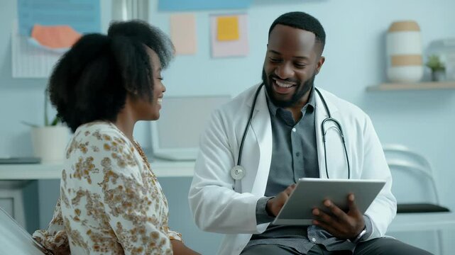 A doctor smiles and shows test results to his female patient on a tablet during an appointment. The atmosphere is positive, showing good bedside manners and compassionate care. 