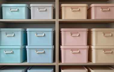 Set of stackable pastel storage boxes on shelves, pastel storage boxes arranged in shelves