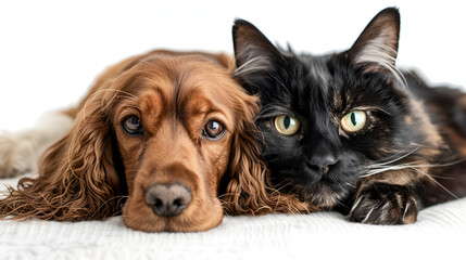 Adorable studio portrait of a brown spaniel dog and a black cat sitting closely together as best friends, representing interspecies companionship, harmony, and animal friendship on white background.
