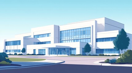 Modern, minimalist white office building exterior, with a paved courtyard and landscaping.