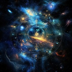 Fototapeta premium Cosmic clockwork universe, a swirling galaxy view.