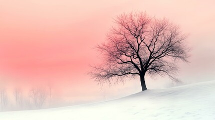 A solitary bare tree stands against a soft pink sunrise, surrounded by a blanket of pristine snow.
