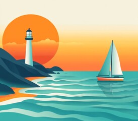  an ocean scene featuring a sailboat and lighthouse