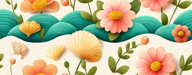 Seamless Peach and Coral Flower Pattern with Teal Waves and Seashells