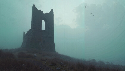 Ruined tower silhouetted against overcast sky, mood of silence