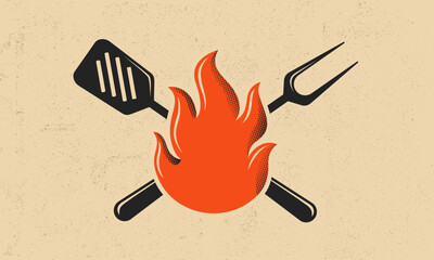Grill fire emblem with crossed spatula and fork behind flame, perfect for barbecue logos, cookout designs, food truck branding or BBQ event.