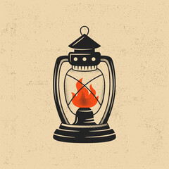 Camping lantern icon. Vintage camping lantern with flame inside, perfect for outdoor survival icons, rustic travel branding, night hiking. Vector illustration © Denys Holovatiuk
